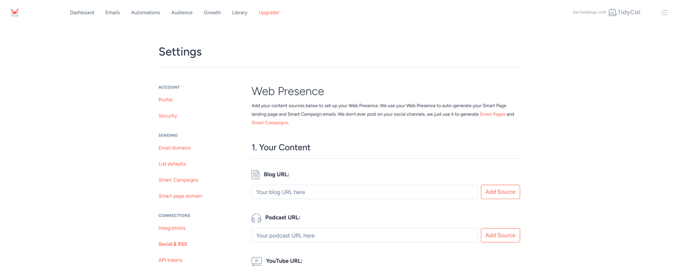 Web Presence page with Blog, Podcast, and YouTube content source fields