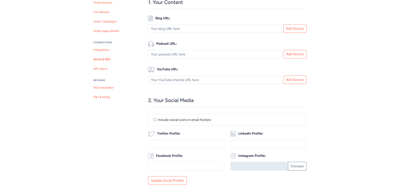 Your Social Media section with the Instagram Connect button and Update Social Profiles