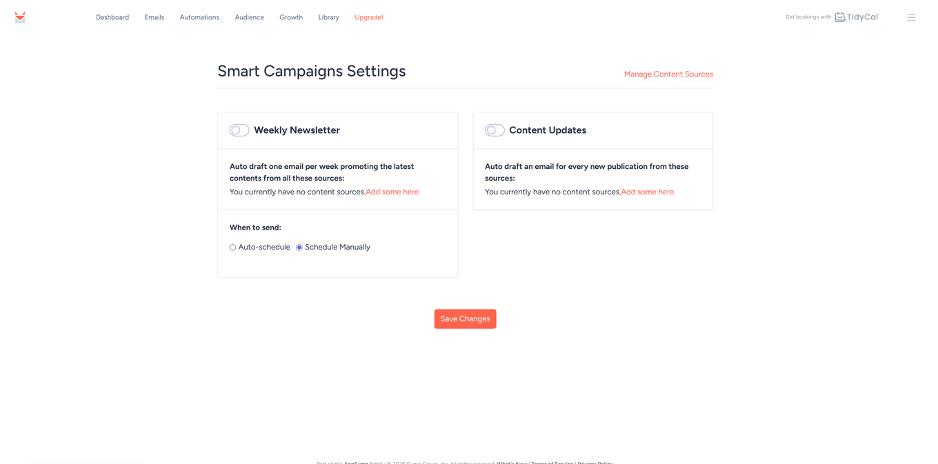 Smart Campaigns Settings page with the Weekly Newsletter and Content Updates toggles