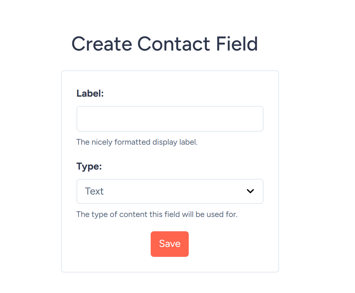 SendFox Create Contact Field form with a Label input and a field Type selector
