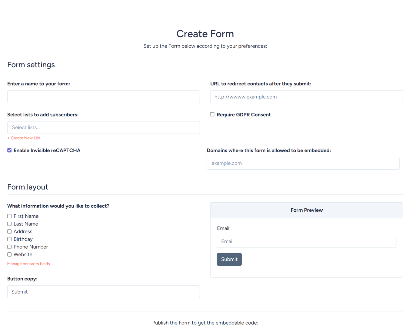 SendFox Create Form builder with form settings, field options, and a live form preview
