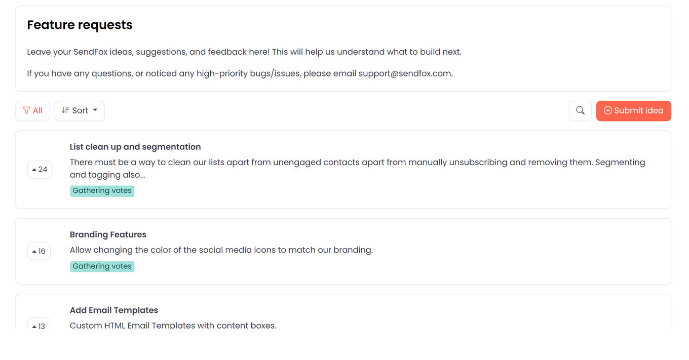 SendFox Feature requests board with the Submit idea button and upvoted ideas