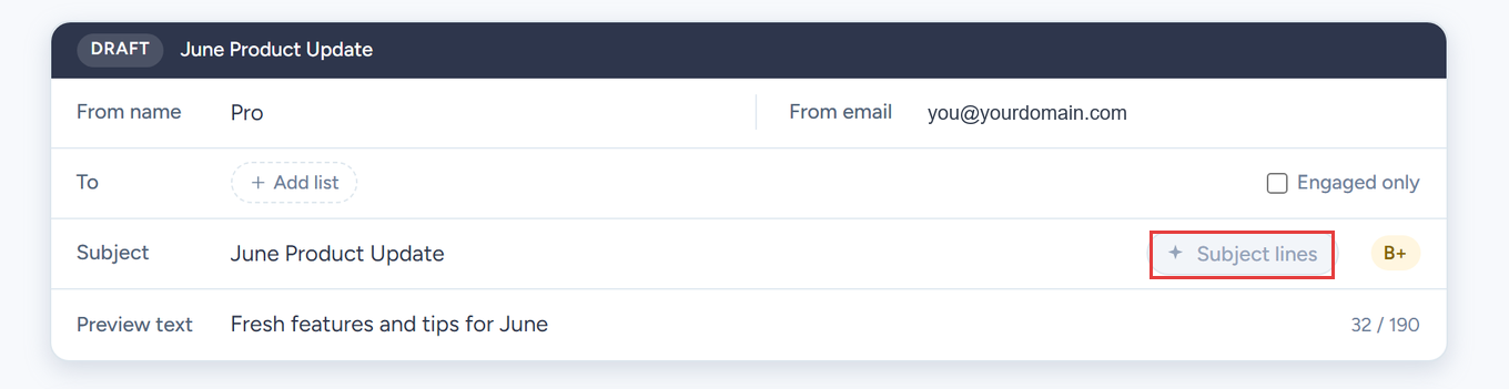 SendFox email editor Subject row with the Subject lines AI suggestions button highlighted