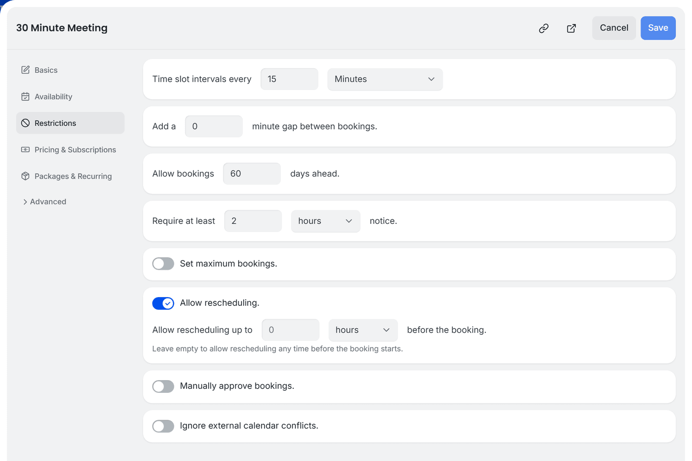 TidyCal booking type Restrictions tab with the minute gap between bookings (buffer) setting