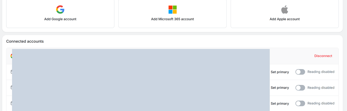 TidyCal Integrations Calendars page with the Reading enabled/disabled toggle for each connected calendar