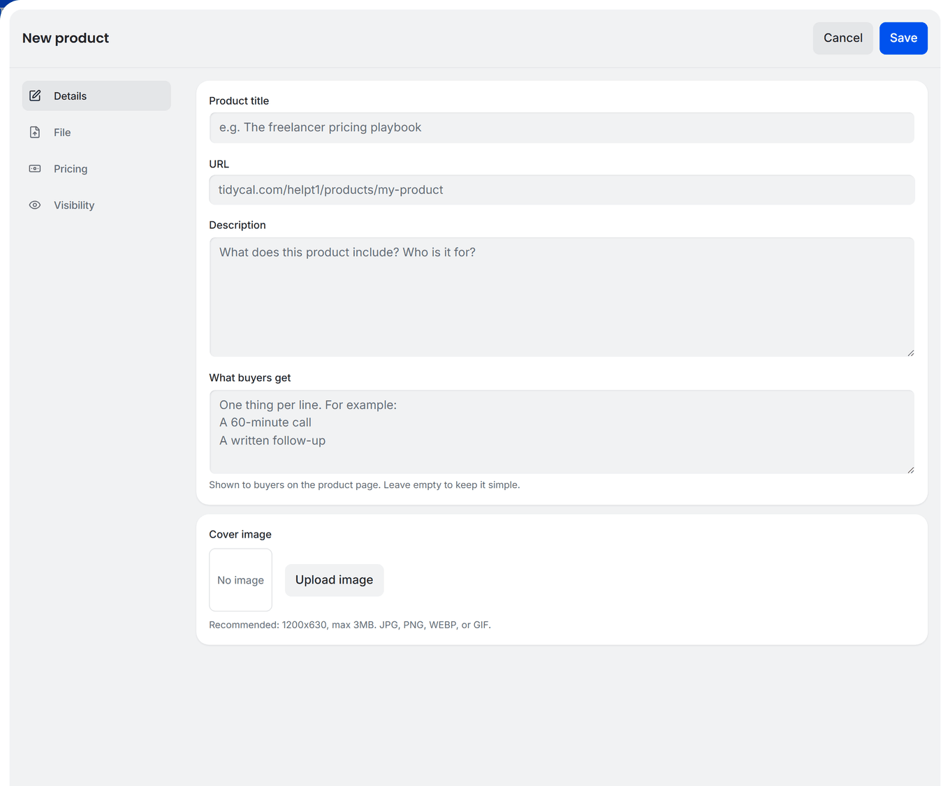 TidyCal new product editor with title, URL, description, what buyers get, and cover image fields