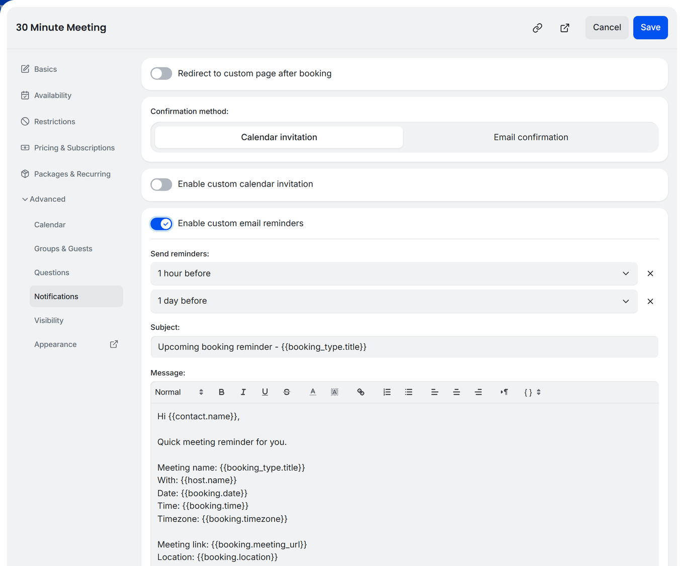 TidyCal booking type Notifications tab with custom email reminders enabled showing reminder timing, subject, and message