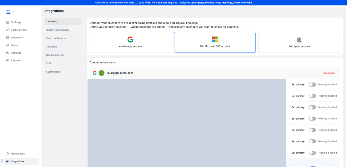 TidyCal Integrations Calendars page showing connected Google account with Reading toggle and Primary Calendar badge