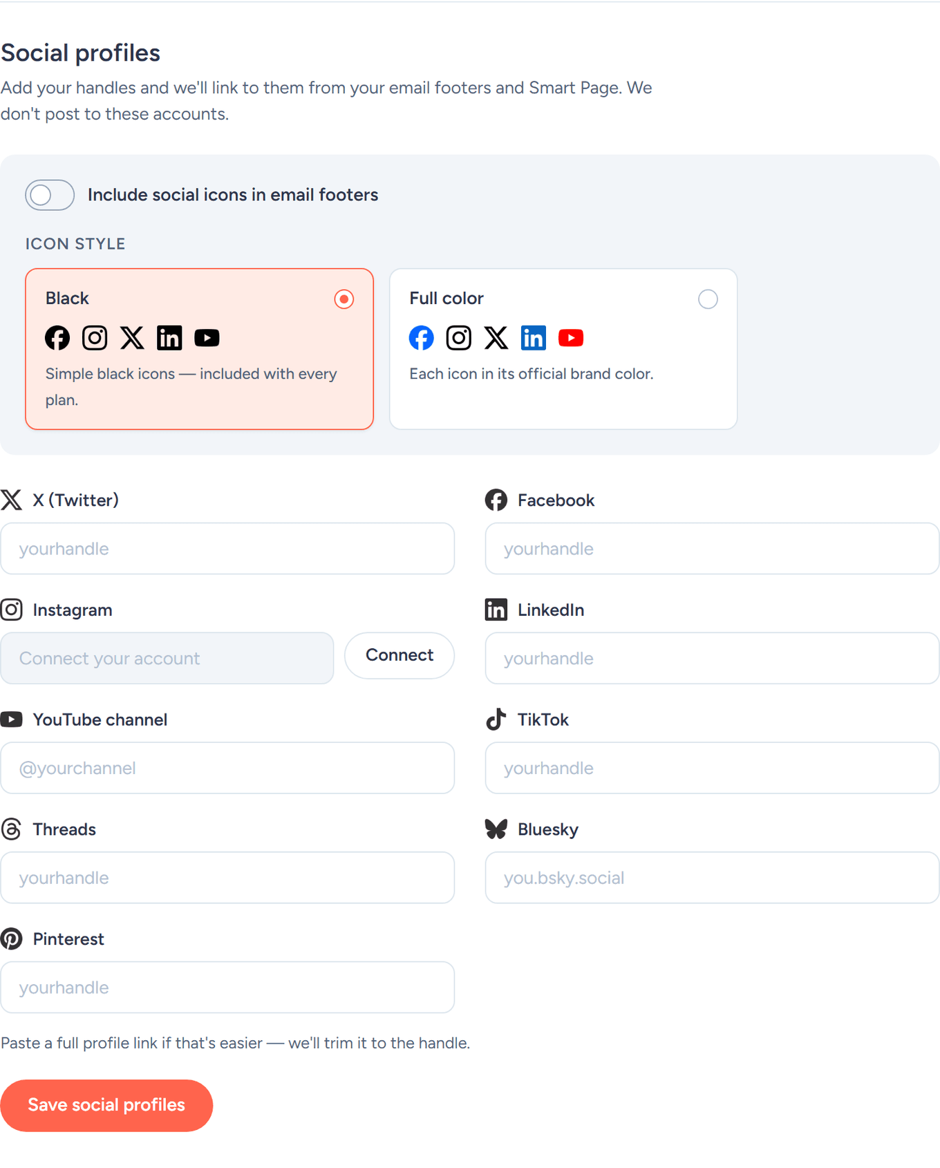 SendFox Web presence Social profiles: Instagram Connect and the Black / Full color icon style picker
