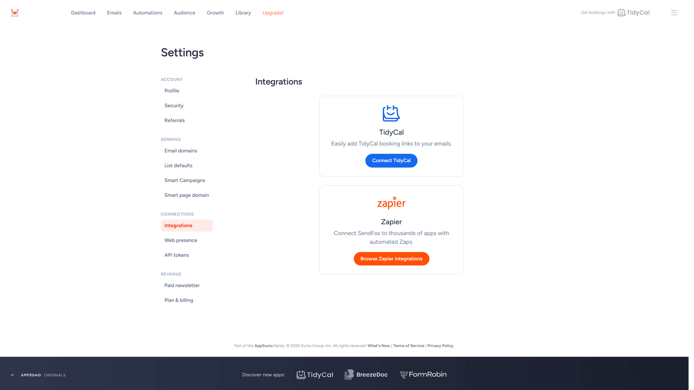SendFox Settings Integrations page showing the TidyCal and Zapier connection cards