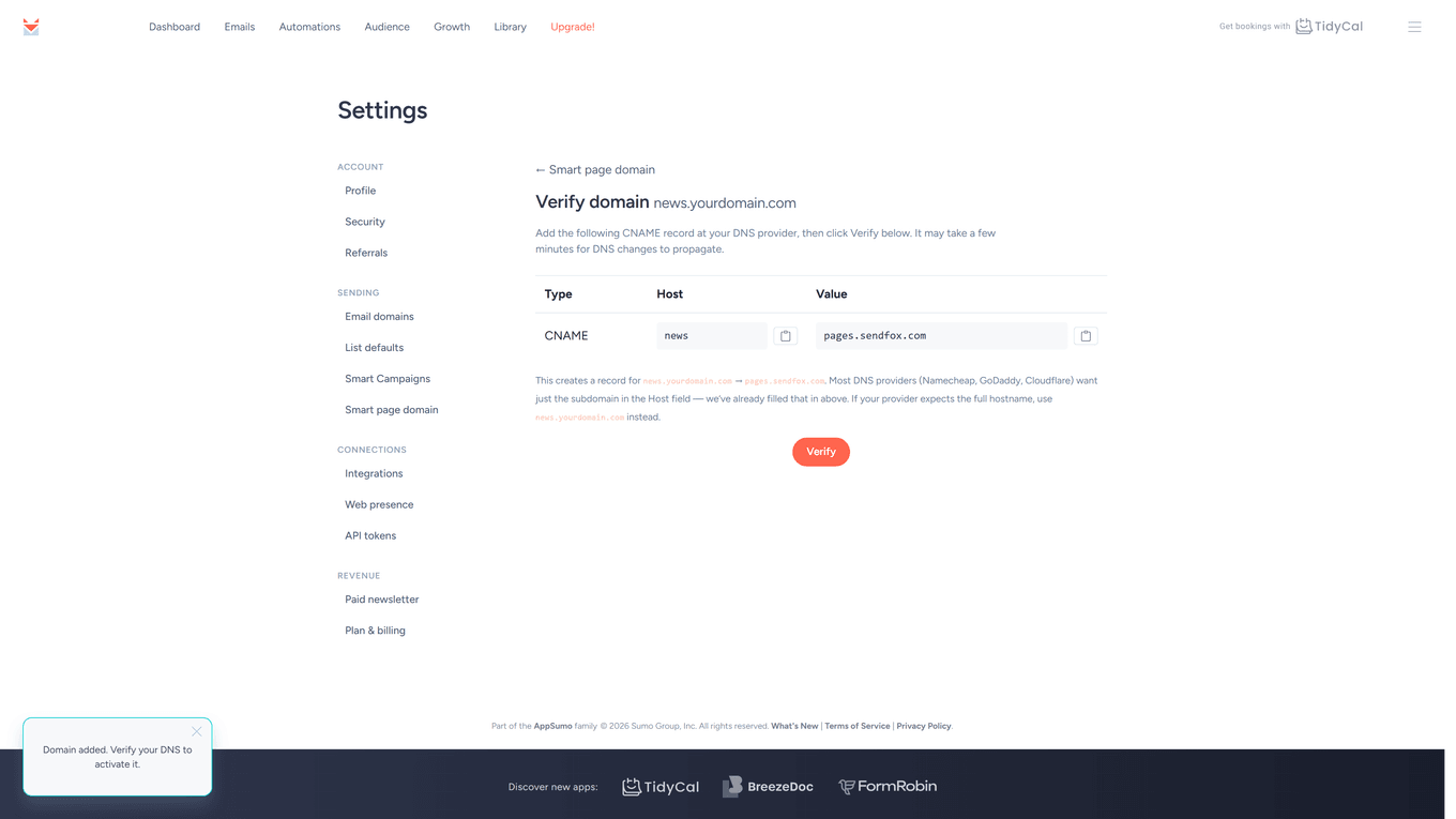 SendFox Verify Domain page with the CNAME record (Host news, Value pages.sendfox.com) and Verify button