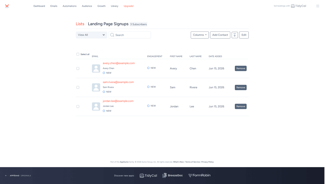 SendFox list contacts page with the Export CSV download button highlighted