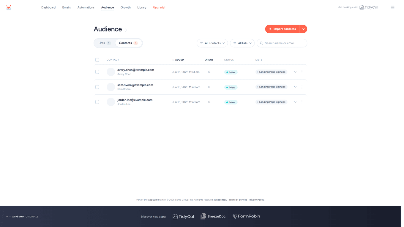 SendFox Contacts list showing contact status badges and the status filter