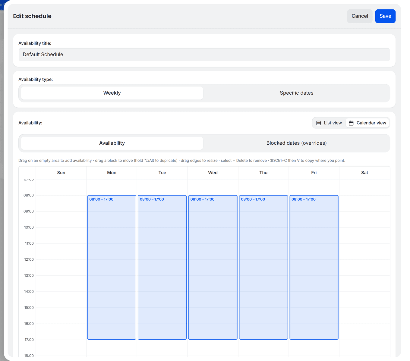 TidyCal Edit schedule drawer in Calendar view: weekly grid with draggable Monday to Friday availability blocks