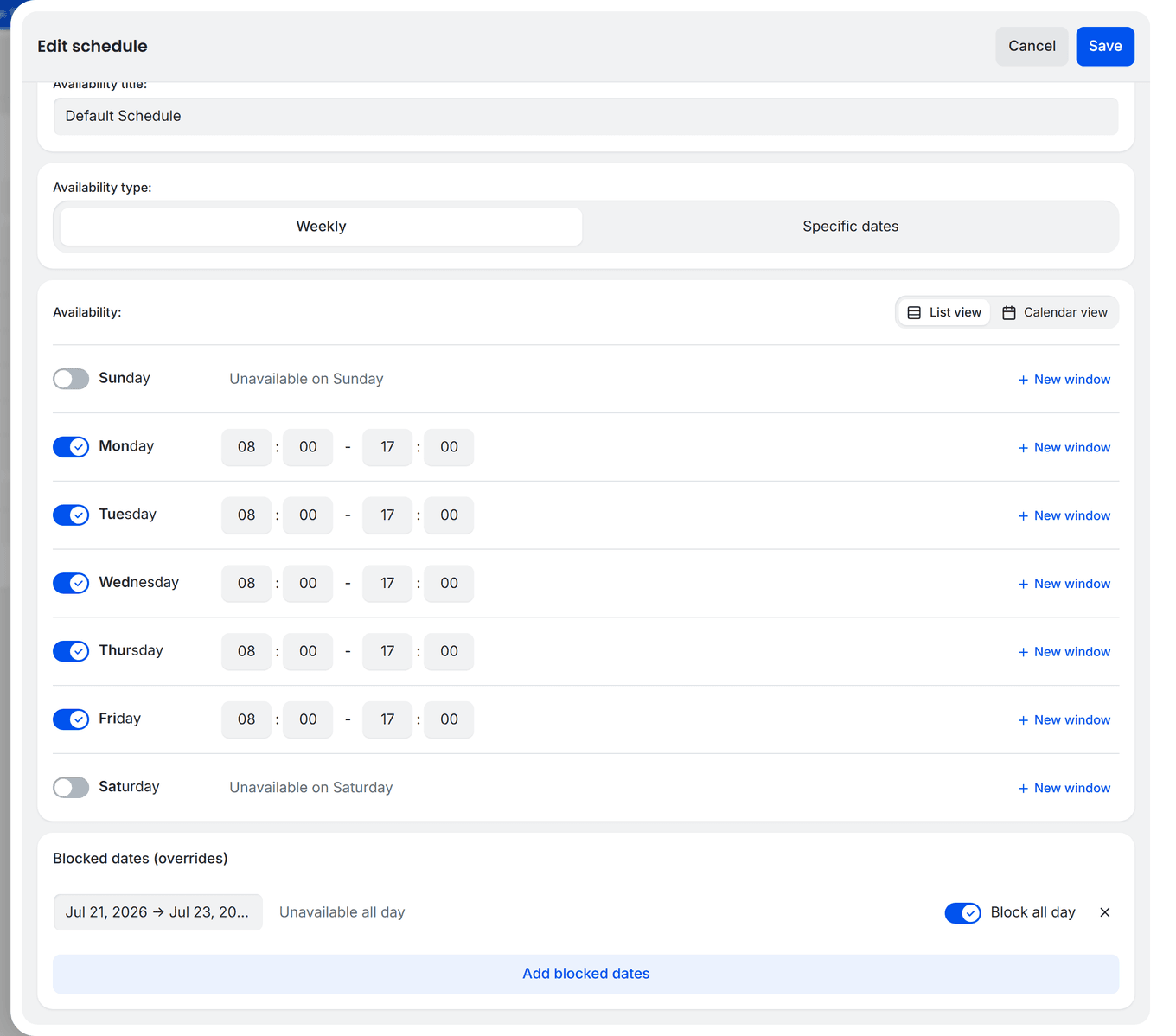 TidyCal schedule editor in Weekly view with a Blocked dates (overrides) entry blocking Jul 21 to 23