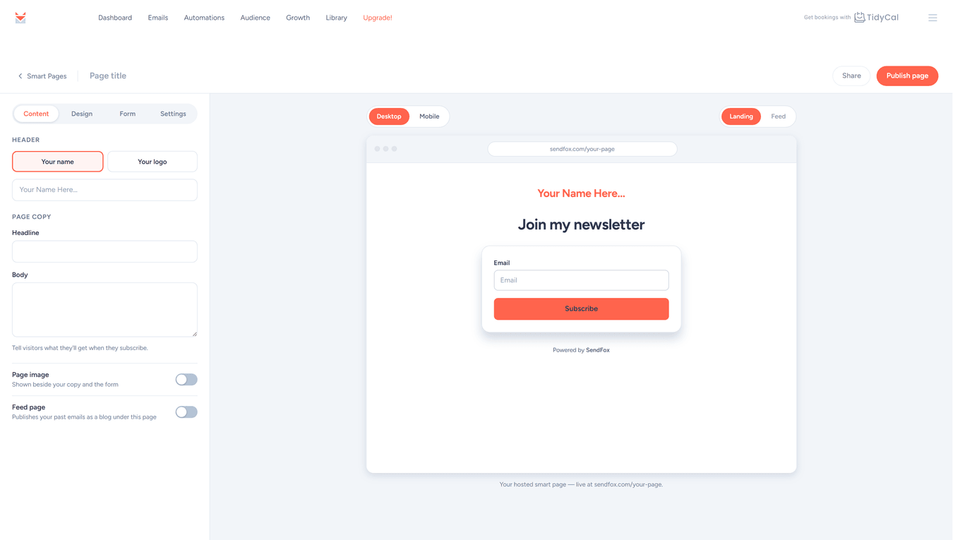 Smart Page builder Content tab with the Feed page toggle and Include emails tagged field