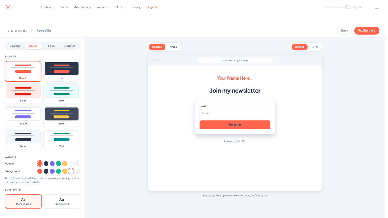 Smart Page builder Design tab with eight color themes and Modern sans or Editorial serif type styles