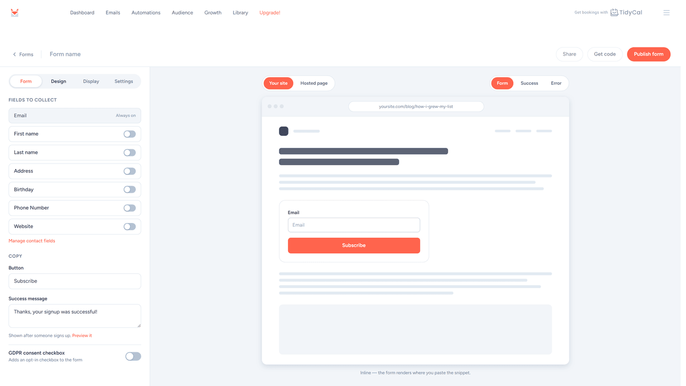 SendFox Create Form builder with form settings, field options, and a live form preview