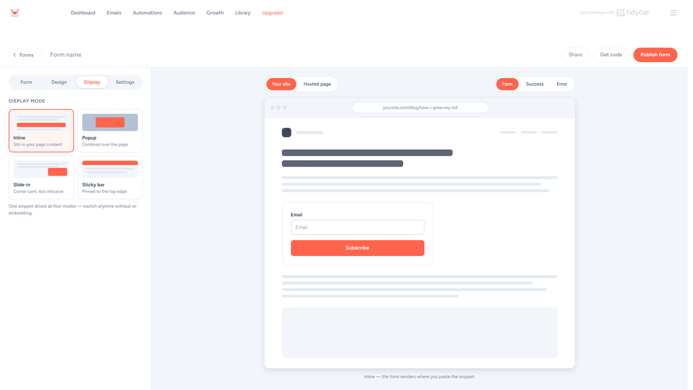 SendFox form builder Display tab: Inline, Popup, Slide-in, and Sticky bar display modes