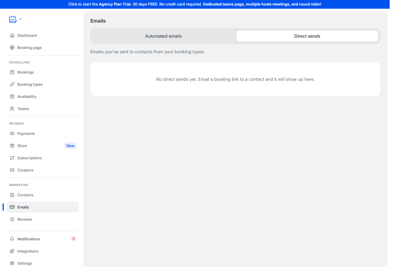 TidyCal Emails page with the Direct sends tab selected, showing the log of booking links emailed to contacts
