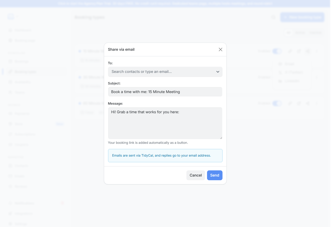 TidyCal Share via email composer with To, Subject, and Message fields and a Send button