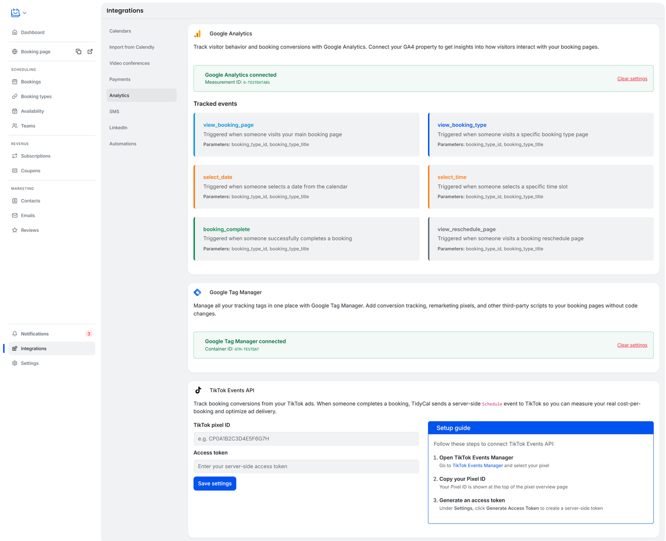 TidyCal Integrations page showing Google Analytics connected with measurement ID and six tracked events