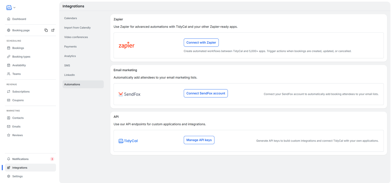 TidyCal Automations page showing Zapier, Email marketing, and API integration sections