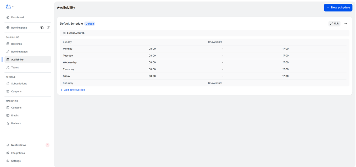 TidyCal Availability page showing Default Schedule with Monday to Friday 8am to 5pm hours