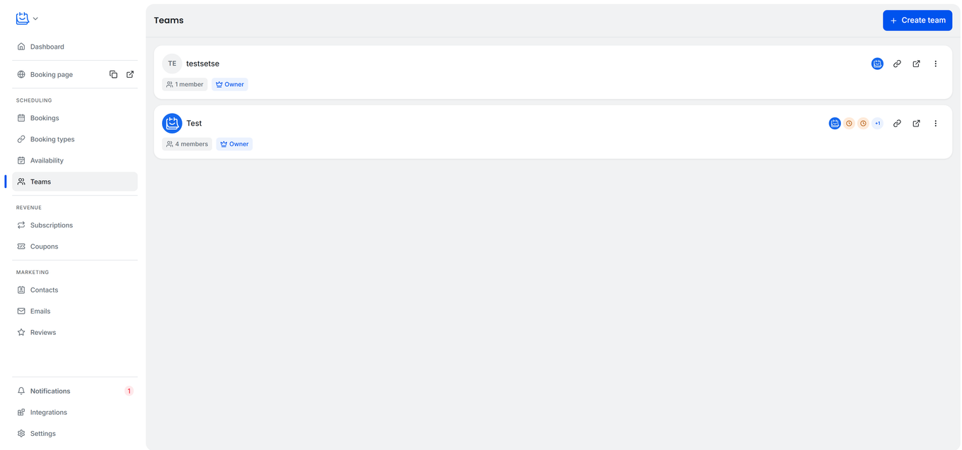 TidyCal Teams page showing team card with 3 members and Create team button