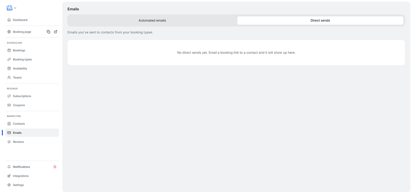 TidyCal Emails page with the Direct sends tab selected, showing the log of booking links emailed to contacts