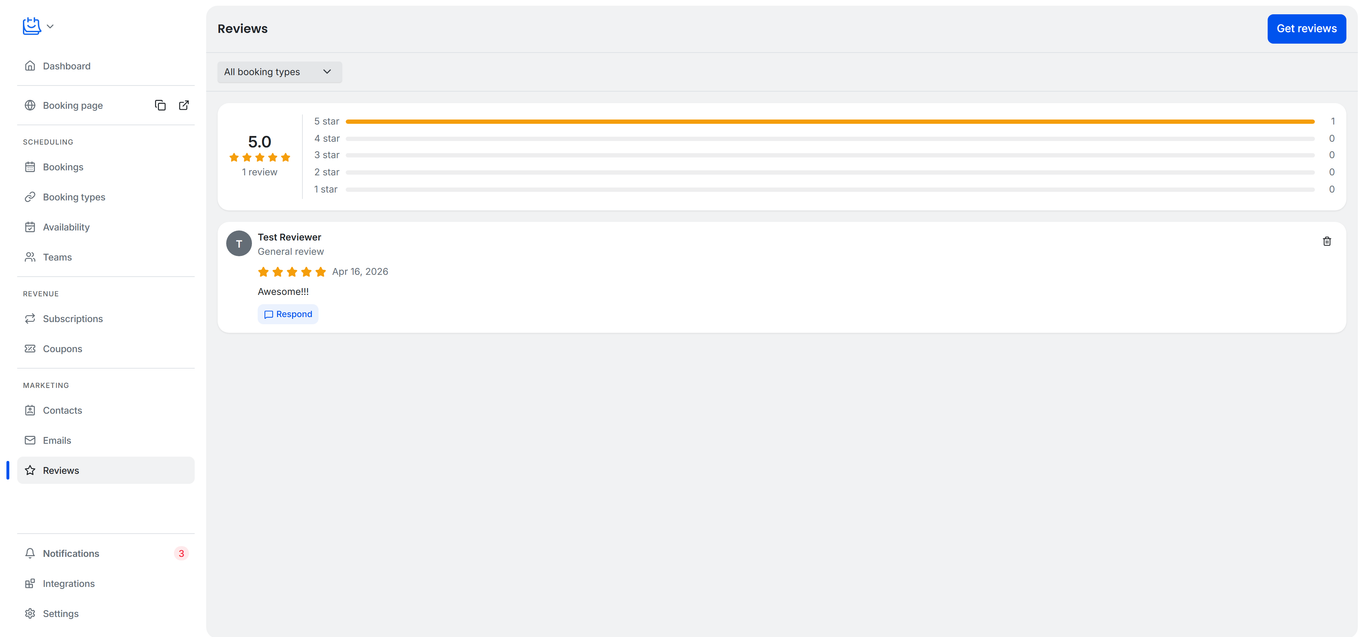 TidyCal Reviews dashboard showing 5-star review with rating distribution chart and Respond button