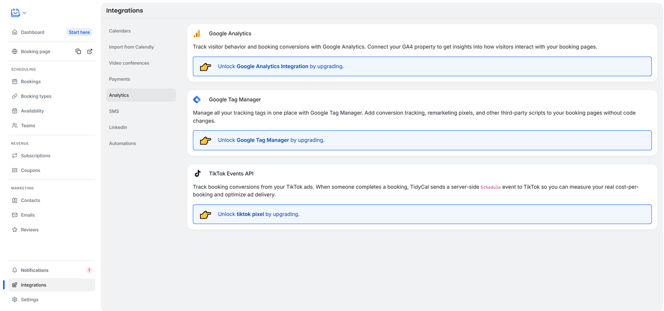 TidyCal analytics page on Free plan showing upgrade prompts for Google Analytics and Tag Manager