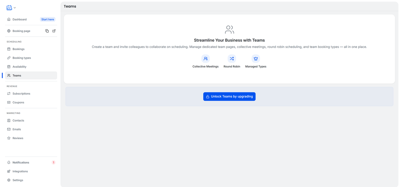 TidyCal Teams page on Free account showing the empty Teams state and the upgrade banner at the bottom (where Start Free Trial appears for trial-eligible users)