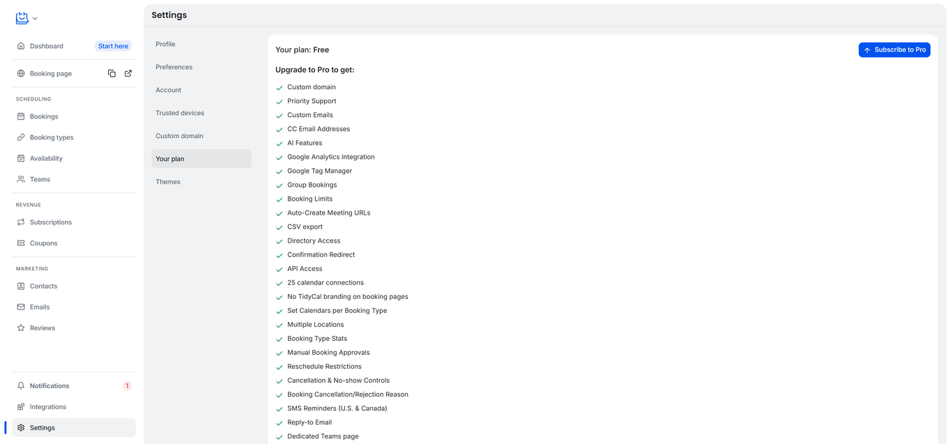 TidyCal Settings Your plan page on Free account showing Subscribe to Pro button and Upgrade to Pro feature list