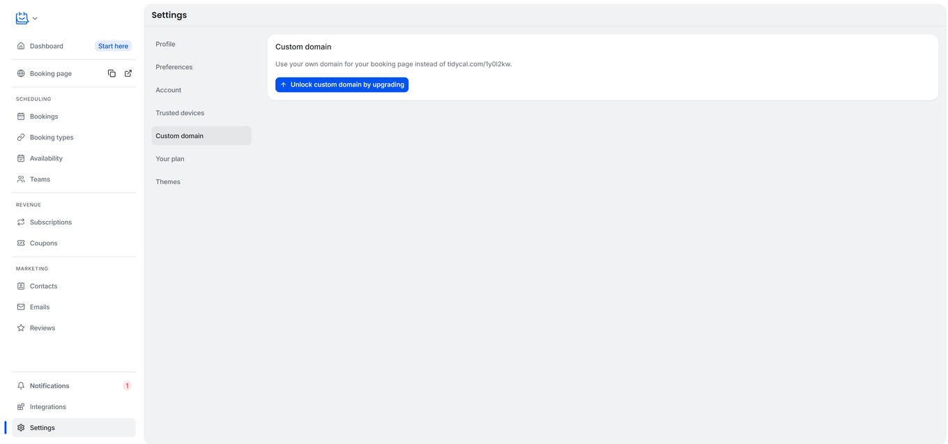 TidyCal Settings page on Free plan showing Custom domain card with Upgrade to Pro button