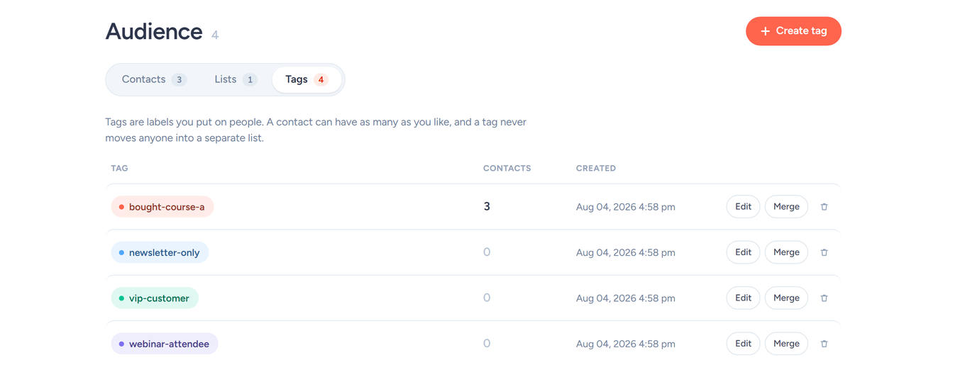Audience Tags page listing four colored tags with their contact counts