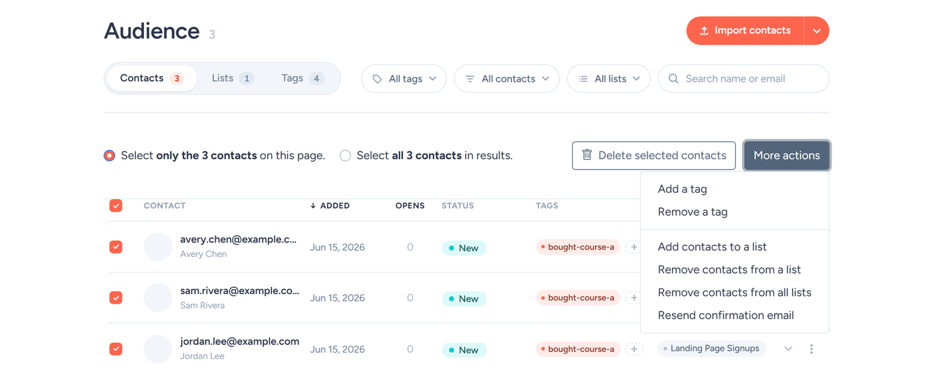 Contacts table with rows selected and the More actions menu open on Add a tag