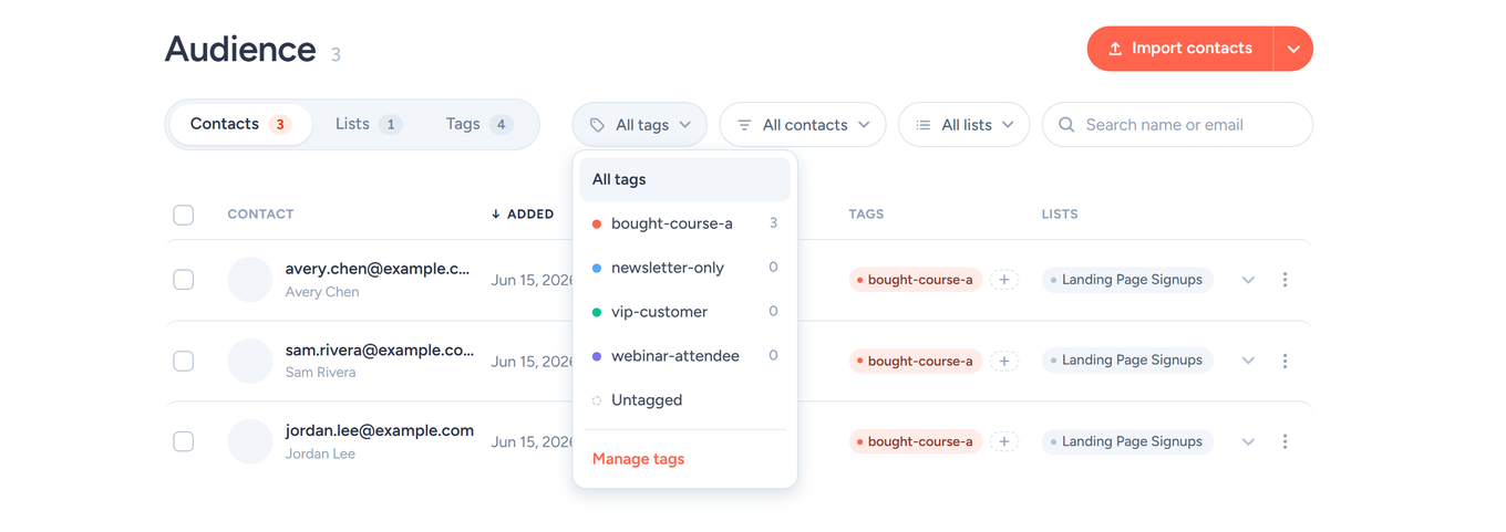 Contacts page tag filter open, showing each tag with its count plus an Untagged option