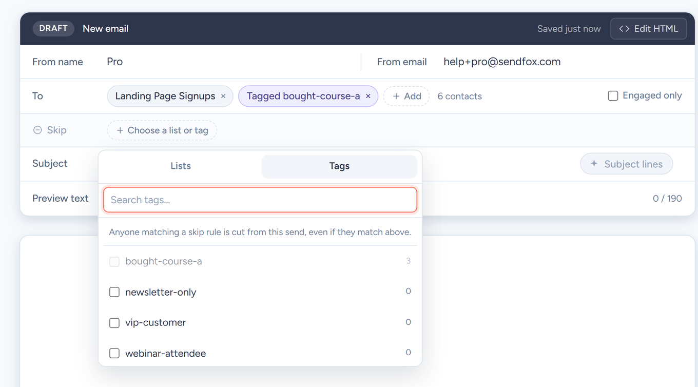 Campaign editor To and Skip rows with the Lists and Tags tab strip open on Tags