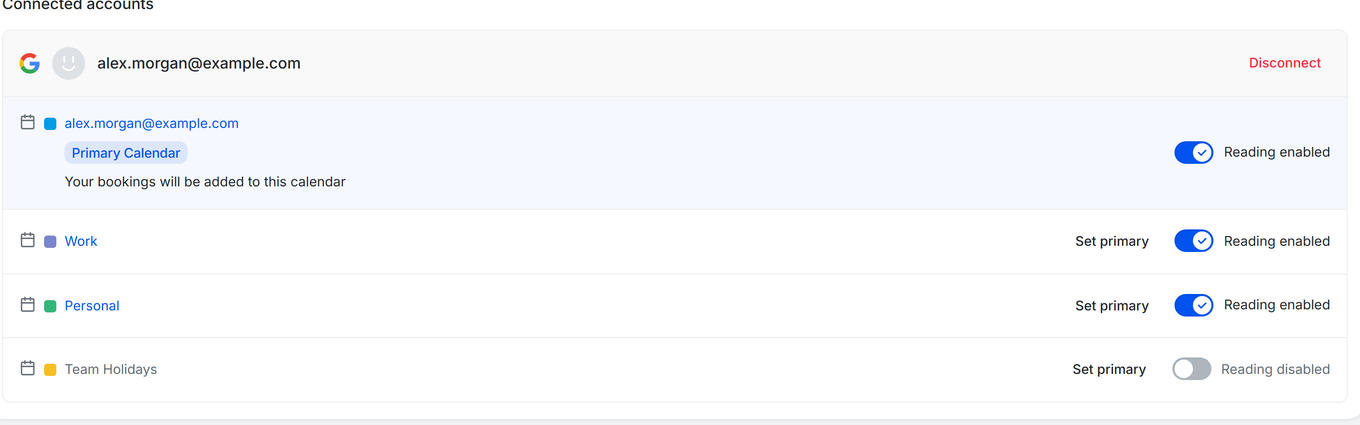TidyCal Integrations Calendars page with the Reading enabled/disabled toggle for each connected calendar