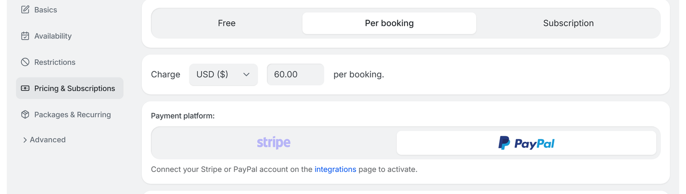 TidyCal booking type editor Pricing and Subscriptions tab showing charge toggle currency amount and Stripe PayPal payment platform selection