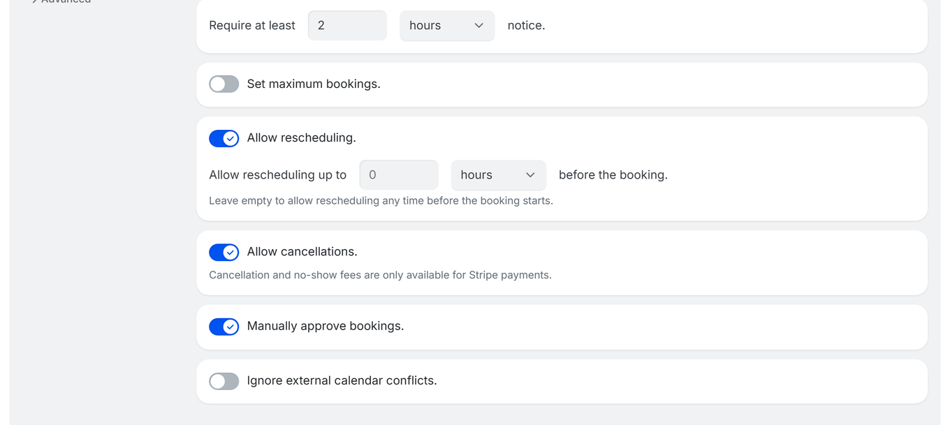 TidyCal booking type editor Restrictions tab with current left navigation (Basics, Availability, Restrictions, Pricing and Subscriptions, Packages and Recurring, Advanced) showing the Ignore external calendar conflicts toggle