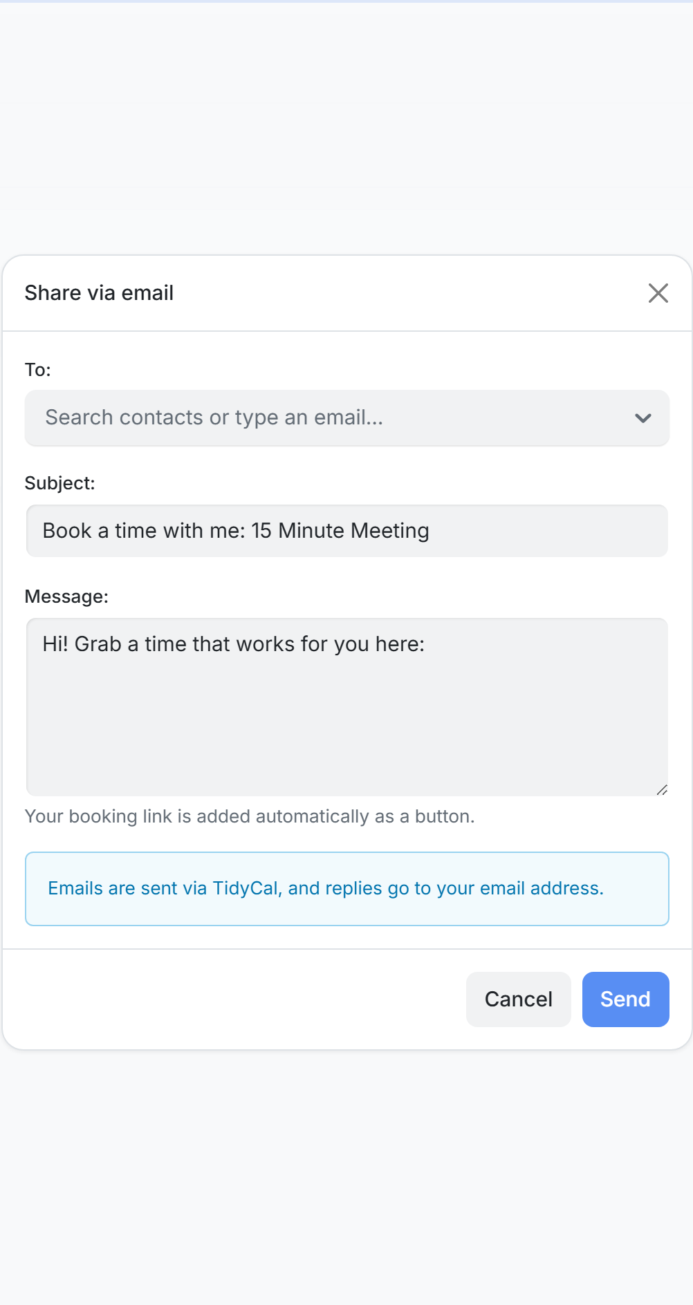 TidyCal Share via email composer with To, Subject, and Message fields and a Send button