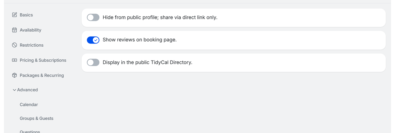 TidyCal booking type editor Visibility section showing Show reviews on booking page toggle