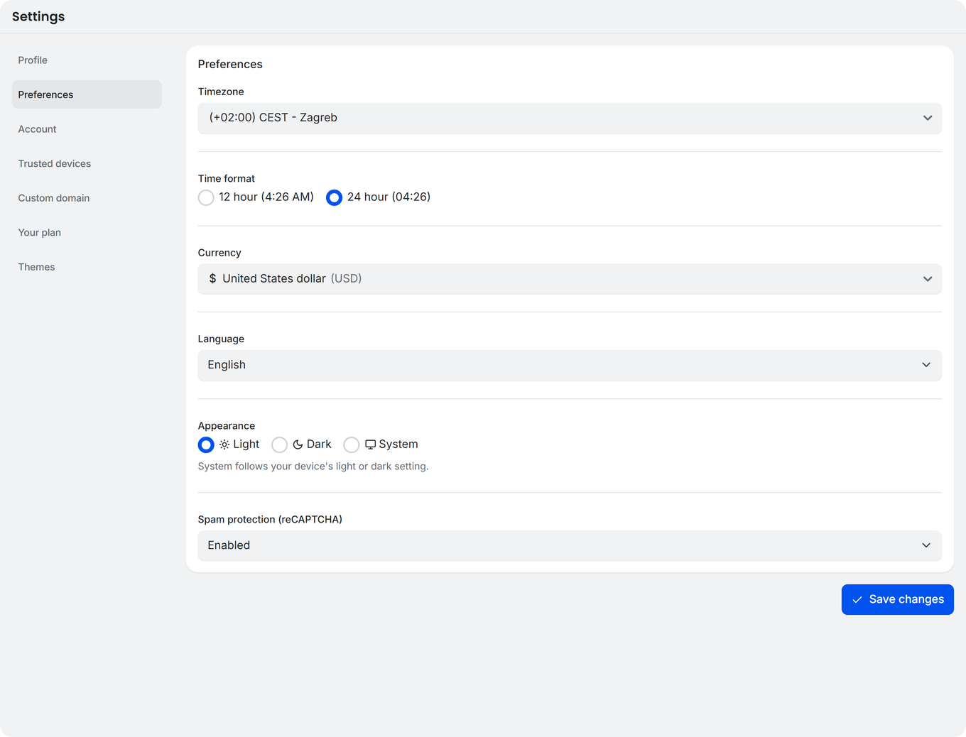 TidyCal Settings Preferences page showing timezone, time format, currency, language, Appearance (Light, Dark, System), and spam protection options