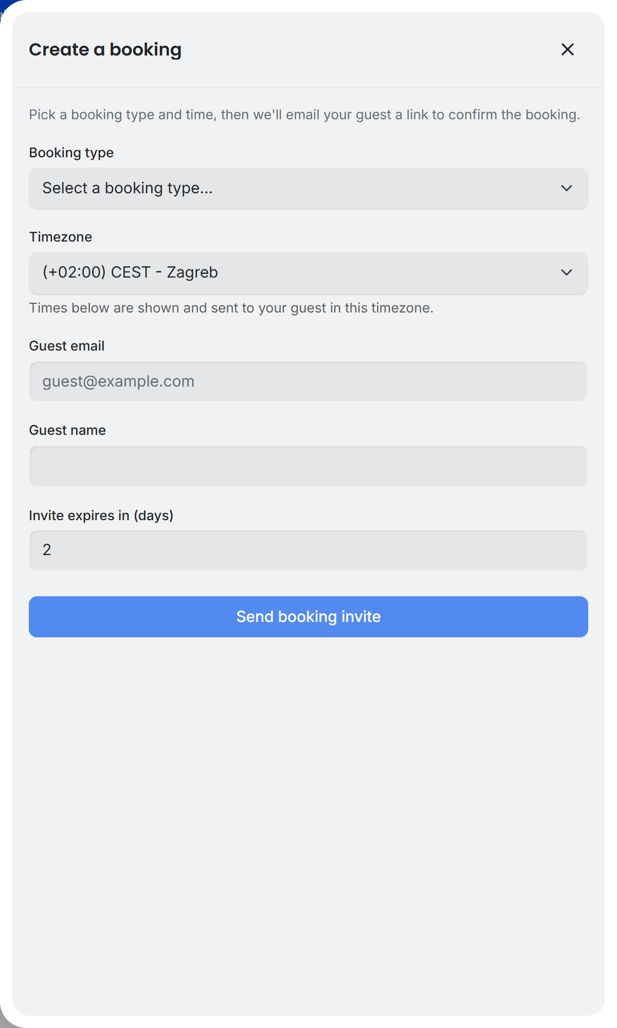 TidyCal Create a booking panel with booking type, timezone, guest email and name, and Send booking invite button
