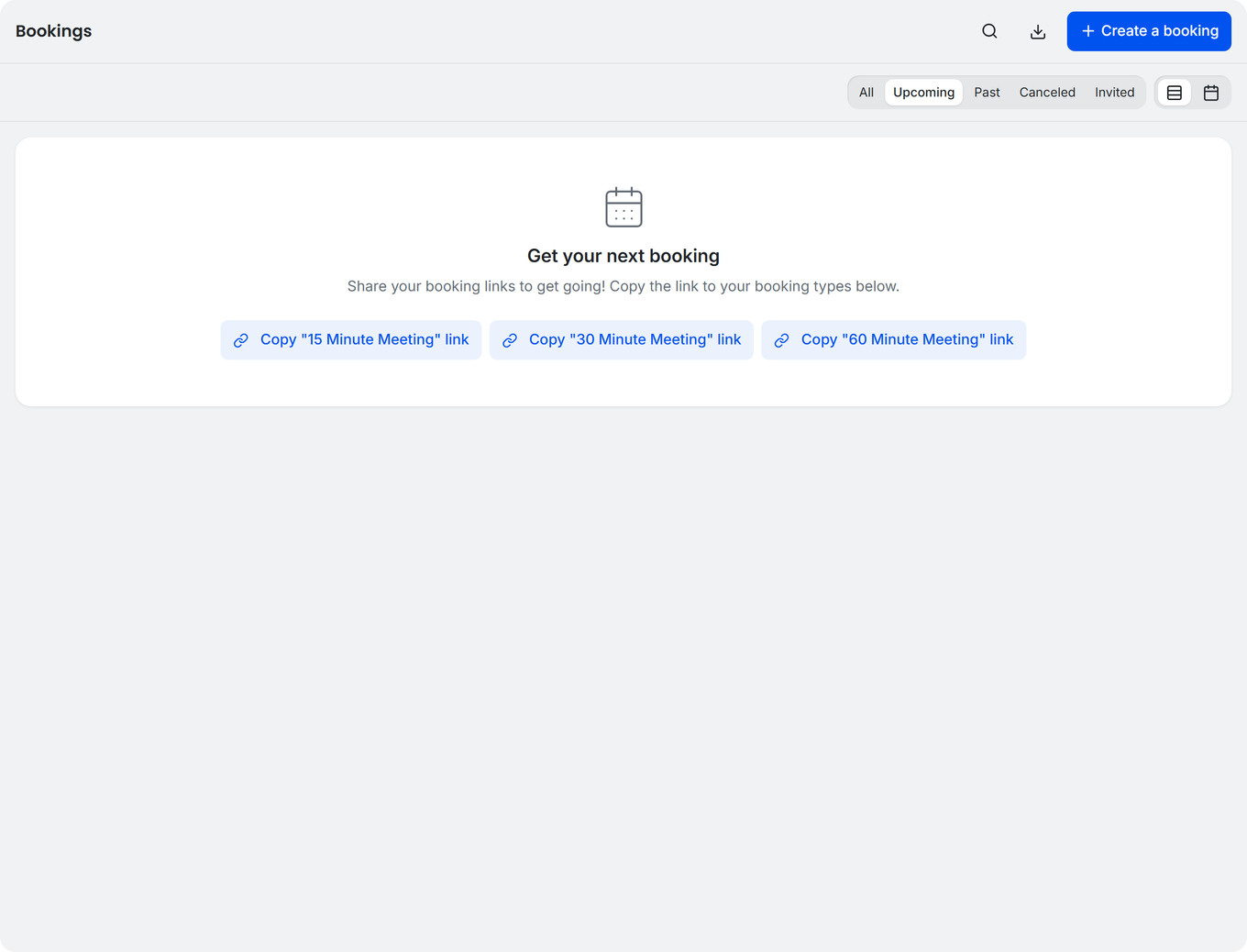 TidyCal Bookings page with the Create a booking button and the Invited tab