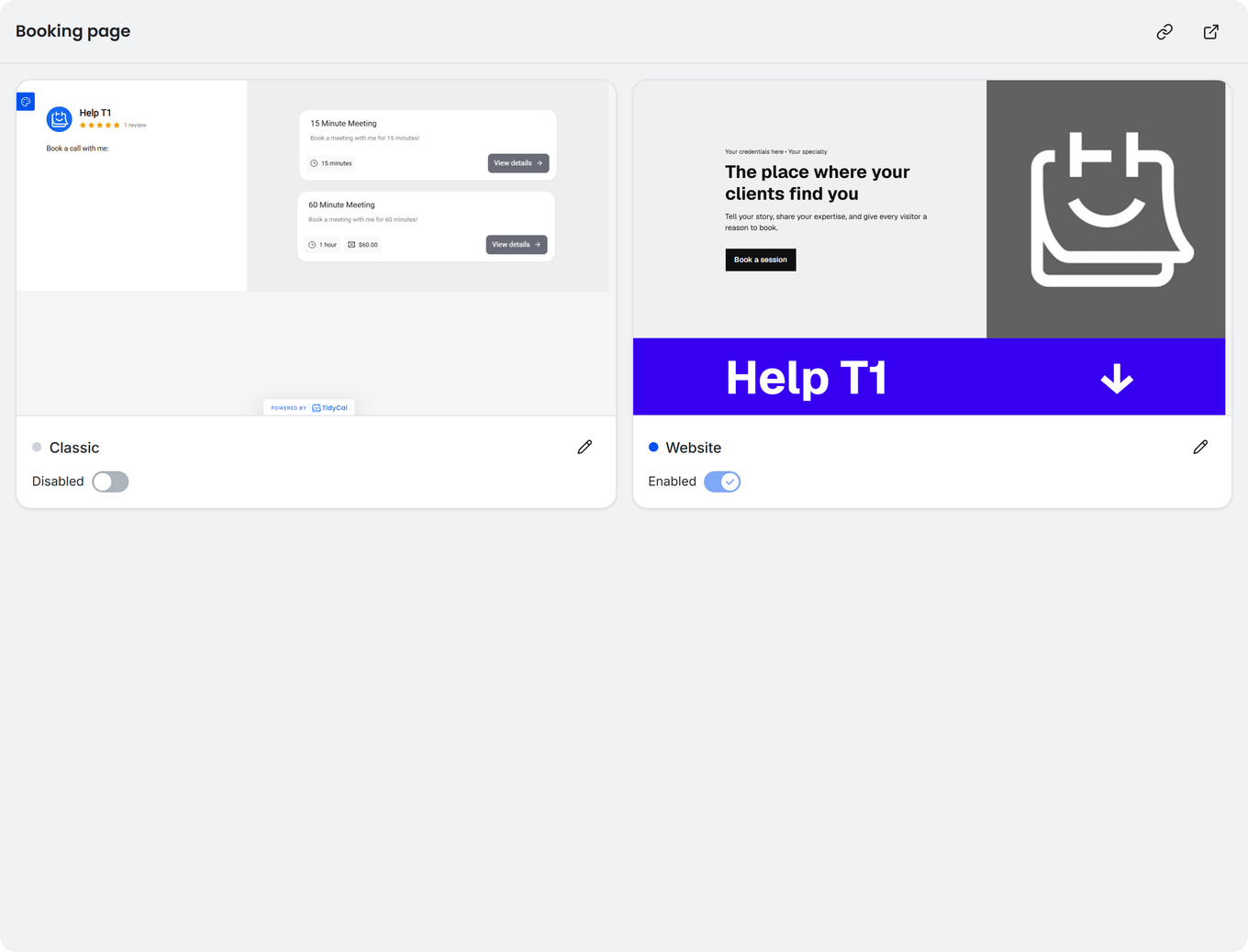 TidyCal Booking page dashboard showing Classic and Website cards with toggle switches