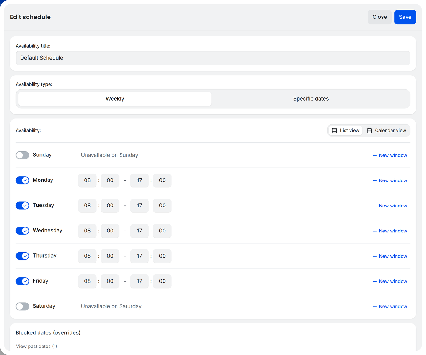 TidyCal schedule editor showing the Weekly tab with day toggles, time inputs and the Blocked dates (overrides) section