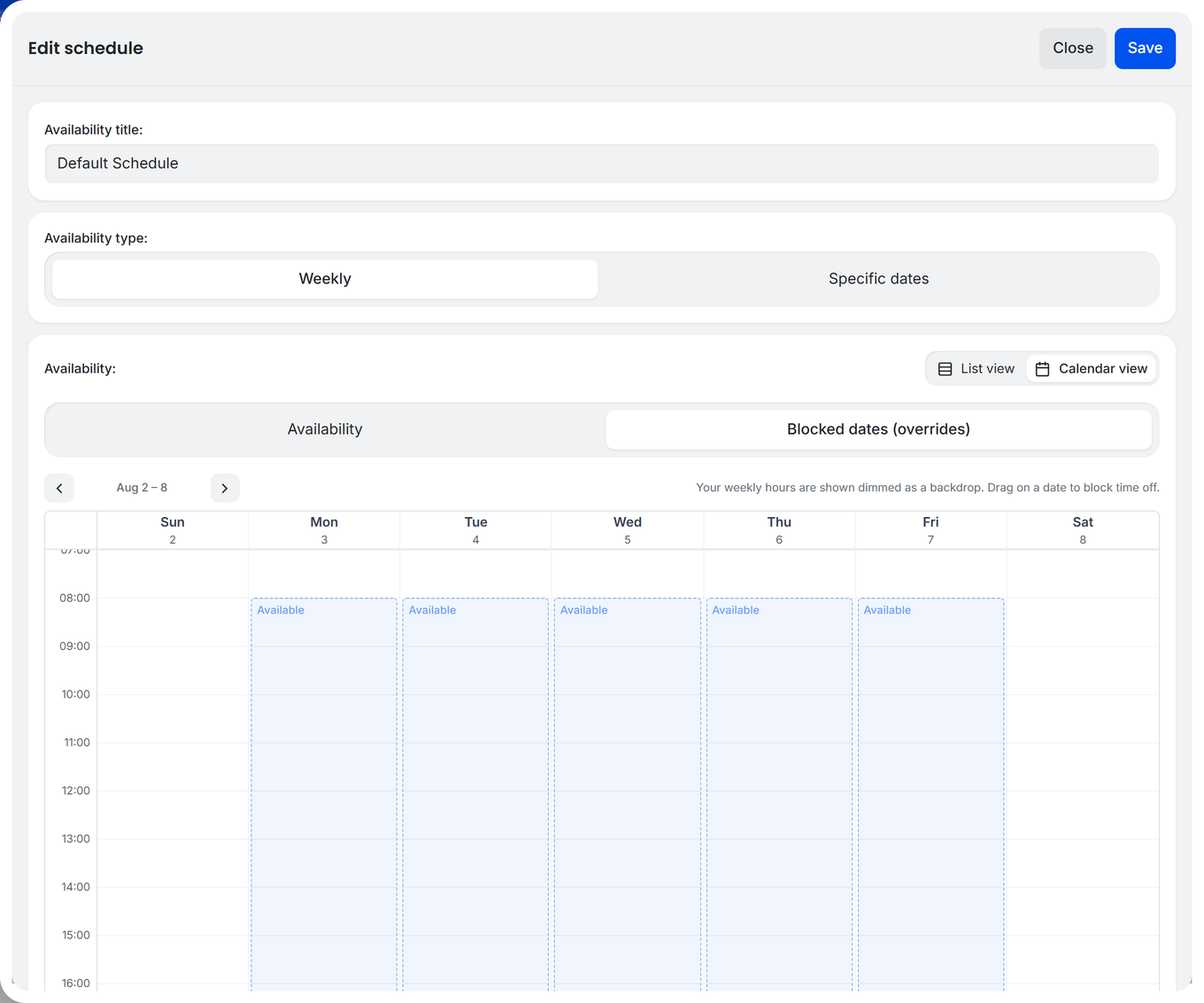 TidyCal Edit schedule drawer in Calendar view: weekly grid with draggable Monday to Friday availability blocks
